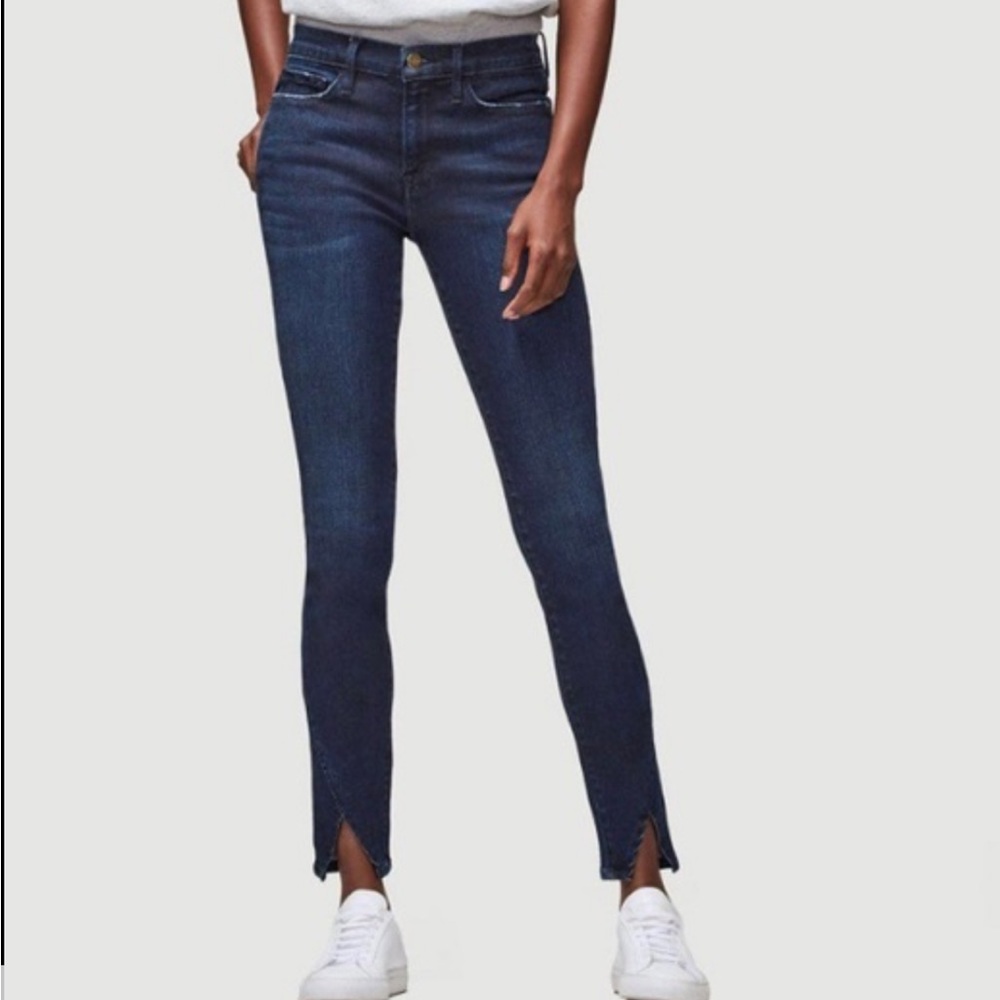 Frame Denim All High Rise Skinny Jeans with Asymmetric Slit Hem Sz 27
